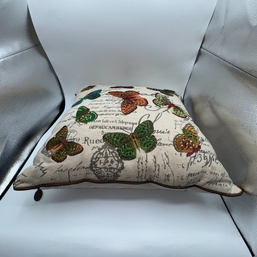 Pier 1 Imports 15x15 Luxury Throw Pillow Embroidered Rainbow‎ Butterfly Decor